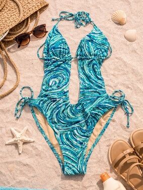 Ocean Swirl Cutout One-Piece Swimsuit - Teal Blue